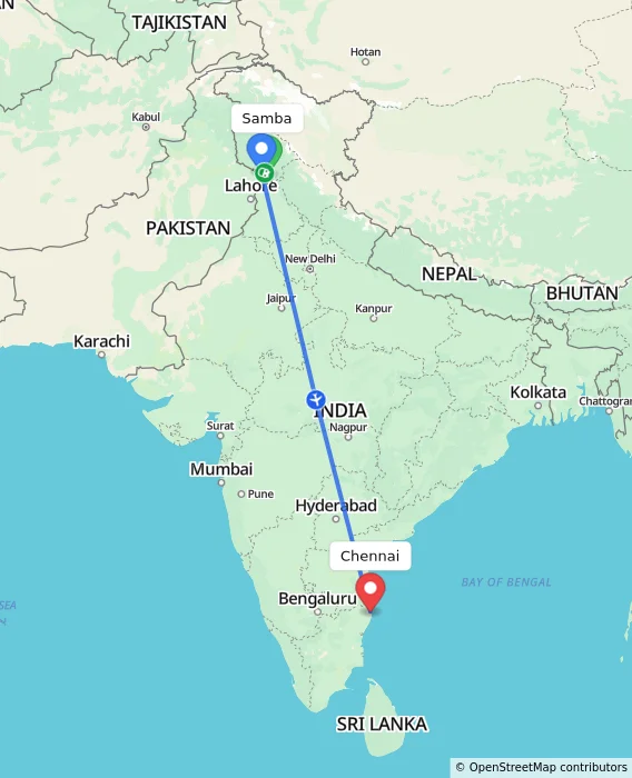 Route map showing distance and travel time from Samba, India to Chennai, India
