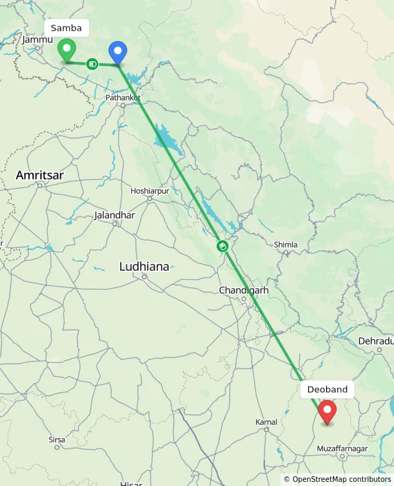 Route map showing distance and travel time from Samba, India to Deoband, India