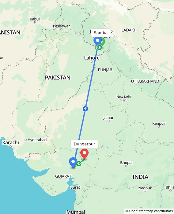 Route map showing distance and travel time from Samba, India to Dungarpur, India