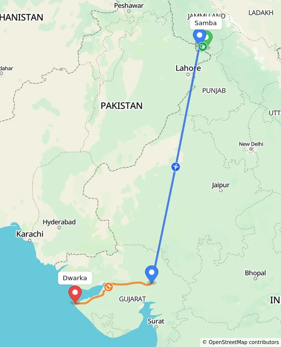 Route map showing distance and travel time from Samba, India to Dwarka, India