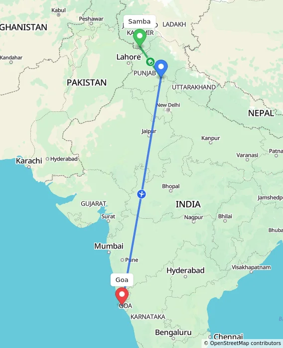 Route map showing distance and travel time from Samba, India to Goa, India