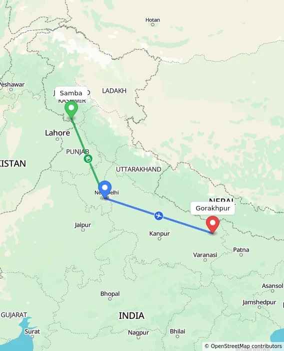 Route map showing distance and travel time from Samba, India to Gorakhpur, India