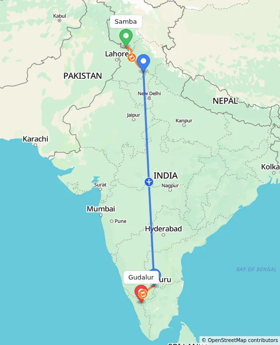 Route map showing distance and travel time from Samba, India to Gudalur, India