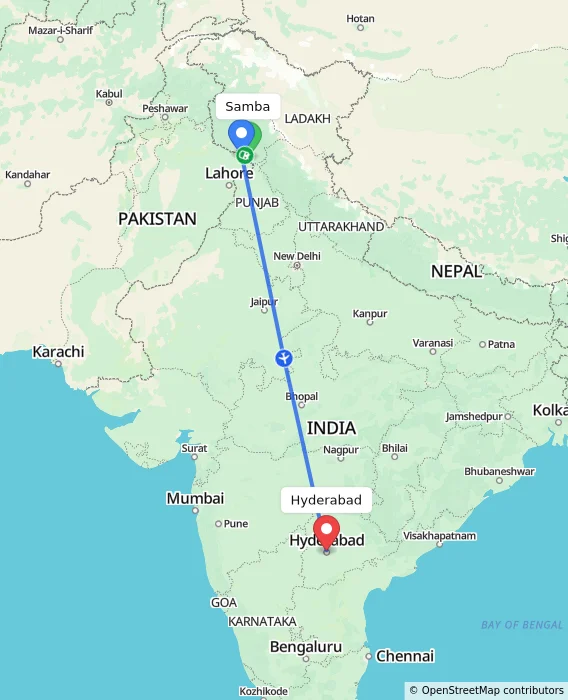 Route map showing distance and travel time from Samba, India to Hyderabad, India
