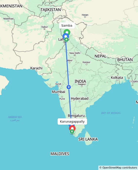 Route map showing distance and travel time from Samba, India to Karunagappally, India