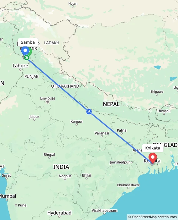 Route map showing distance and travel time from Samba, India to Kolkata, India