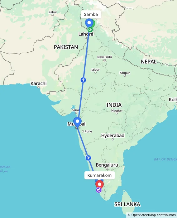 Route map showing distance and travel time from Samba, India to Kumarakom, India