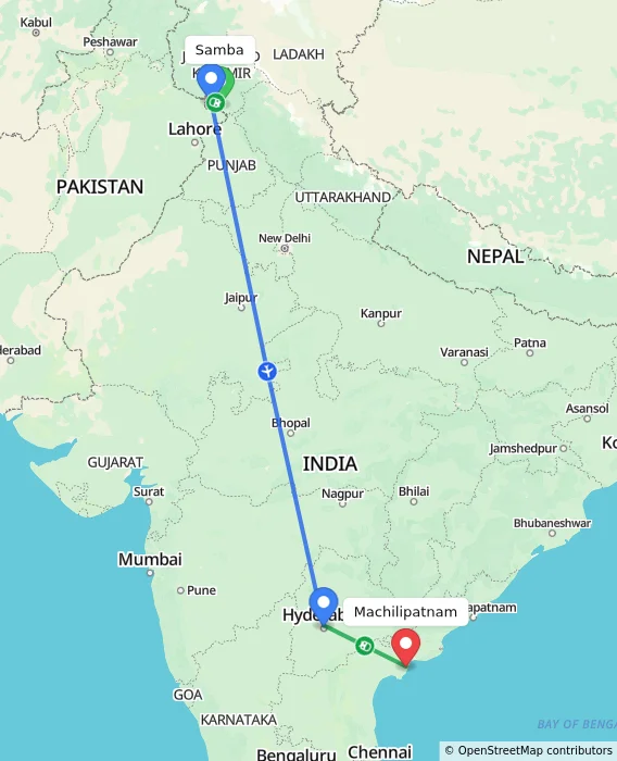 Route map showing distance and travel time from Samba, India to Machilipatnam, India