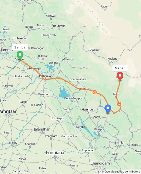 Route map showing distance and travel time from Samba, India to Manali, India