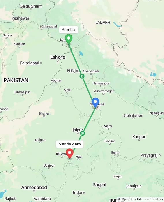 Route map showing distance and travel time from Samba, India to Mandalgarh, India