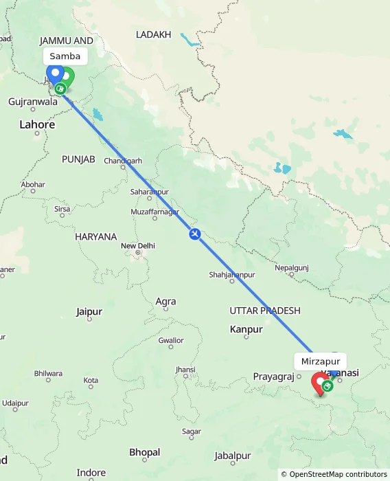 Route map showing distance and travel time from Samba, India to Mirzapur, India