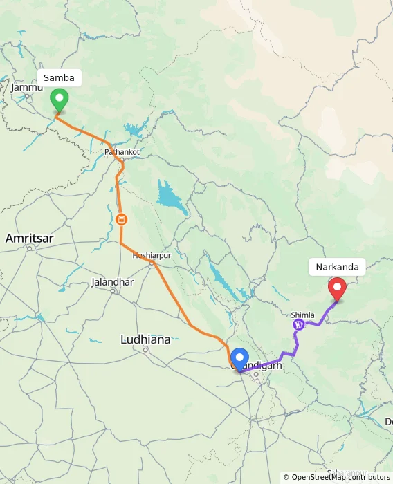 Route map showing distance and travel time from Samba, India to Narkanda, India