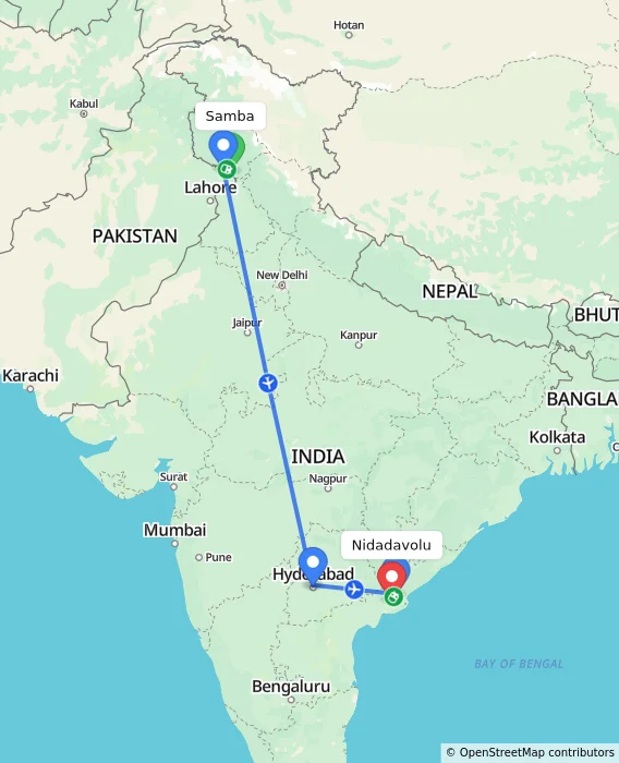 Route map showing distance and travel time from Samba, India to Nidadavolu, India