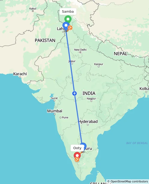 Route map showing distance and travel time from Samba, India to Ooty, India