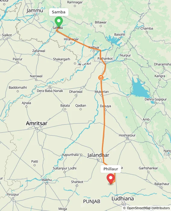 Route map showing distance and travel time from Samba, India to Phillaur, India