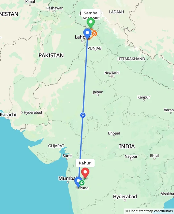 Route map showing distance and travel time from Samba, India to Rahuri, India
