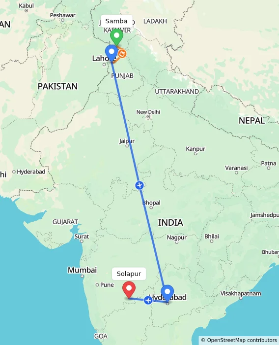 Route map showing distance and travel time from Samba, India to Solapur, India