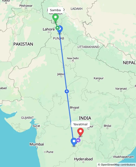 Route map showing distance and travel time from Samba, India to Yavatmal, India
