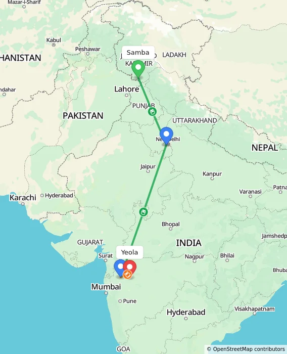 Route map showing distance and travel time from Samba, India to Yeola, India