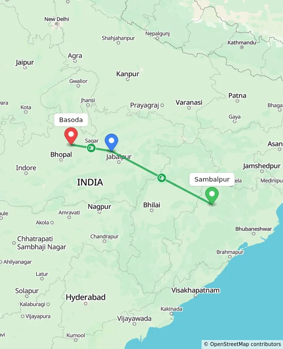 Route map showing distance and travel time from Sambalpur, India to Basoda, India