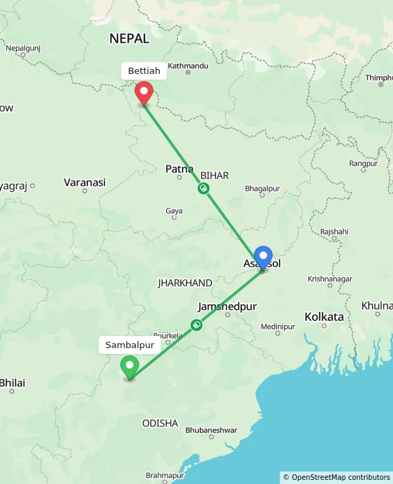 Route map showing distance and travel time from Sambalpur, India to Bettiah, India