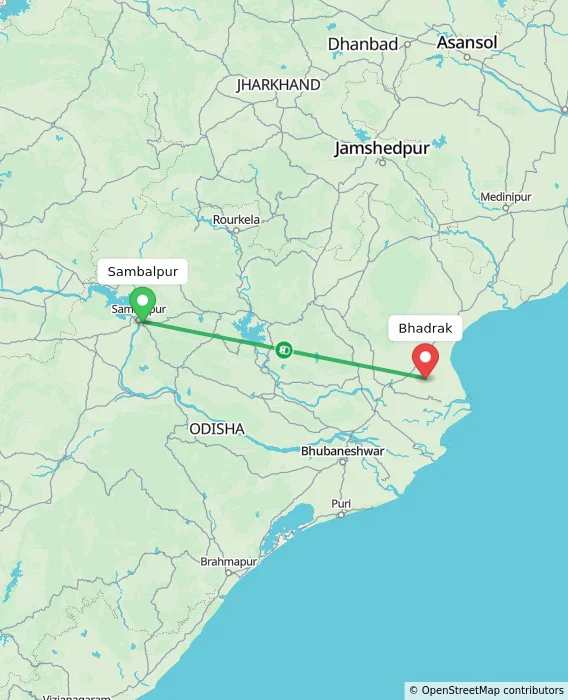 Route map showing distance and travel time from Sambalpur, India to Bhadrak, India