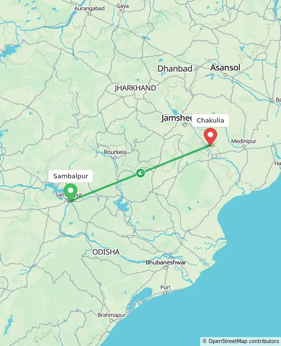 Route map showing distance and travel time from Sambalpur, India to Chakulia, India