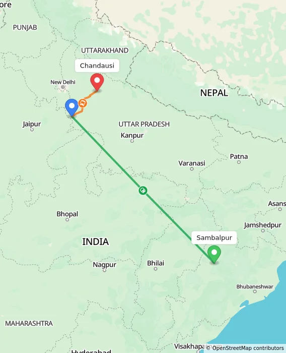 Route map showing distance and travel time from Sambalpur, India to Chandausi, India