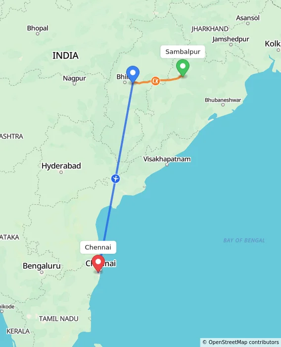 Route map showing distance and travel time from Sambalpur, India to Chennai, India