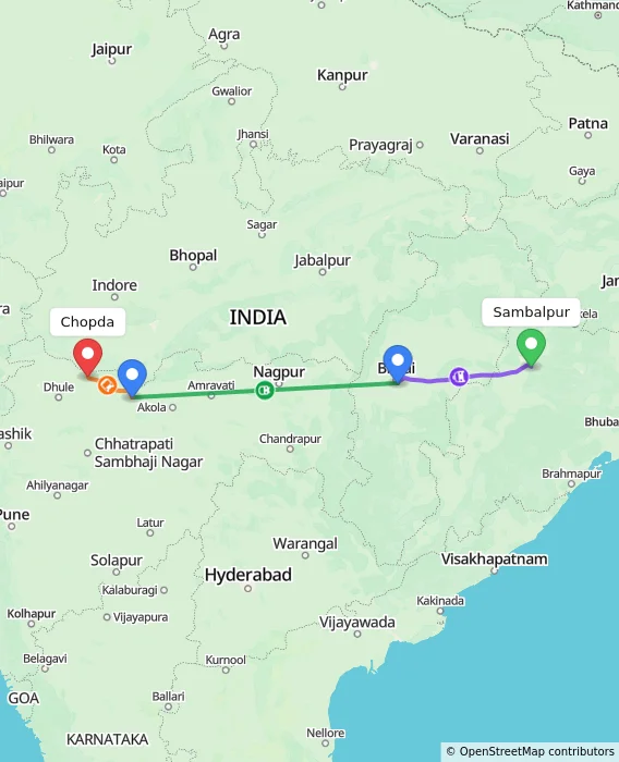 Route map showing distance and travel time from Sambalpur, India to Chopda, India