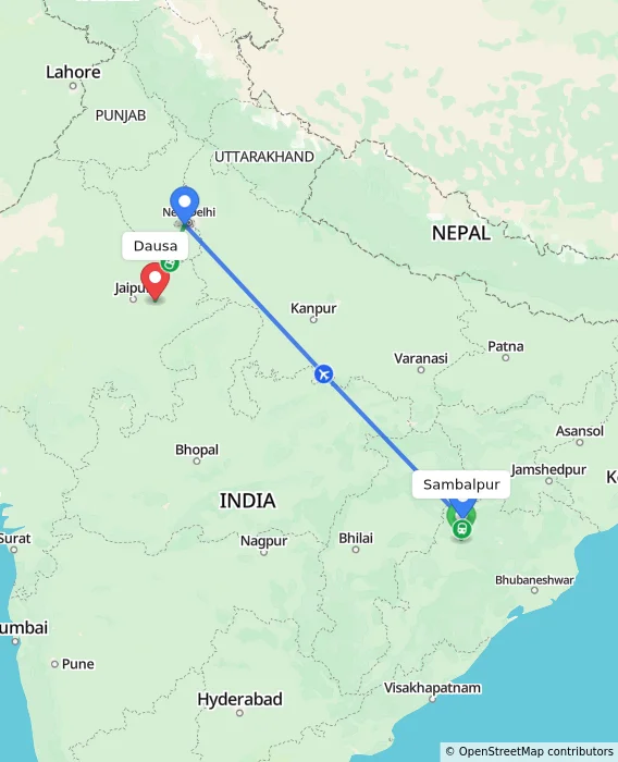 Route map showing distance and travel time from Sambalpur, India to Dausa, India