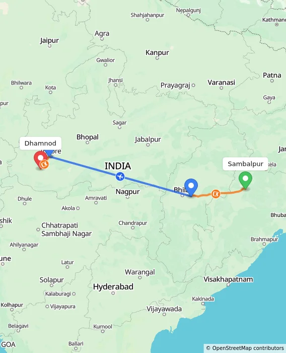 Route map showing distance and travel time from Sambalpur, India to Dhamnod, India