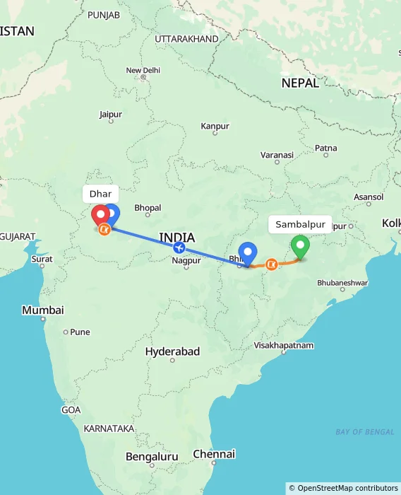 Route map showing distance and travel time from Sambalpur, India to Dhar, India
