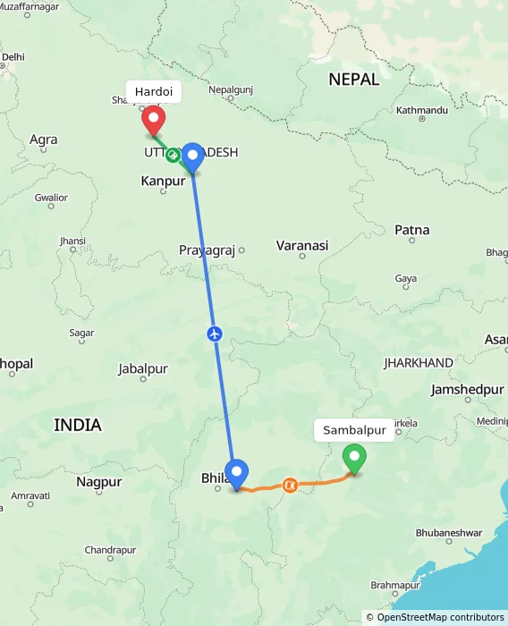Route map showing distance and travel time from Sambalpur, India to Hardoi, India