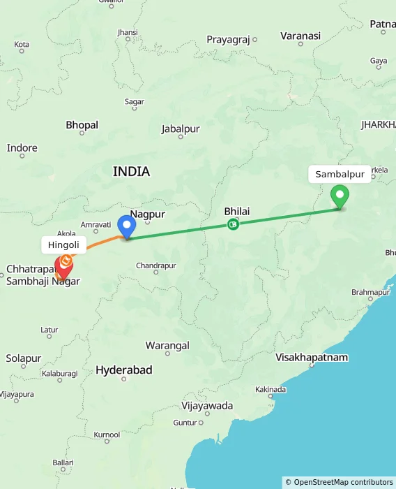 Route map showing distance and travel time from Sambalpur, India to Hingoli, India