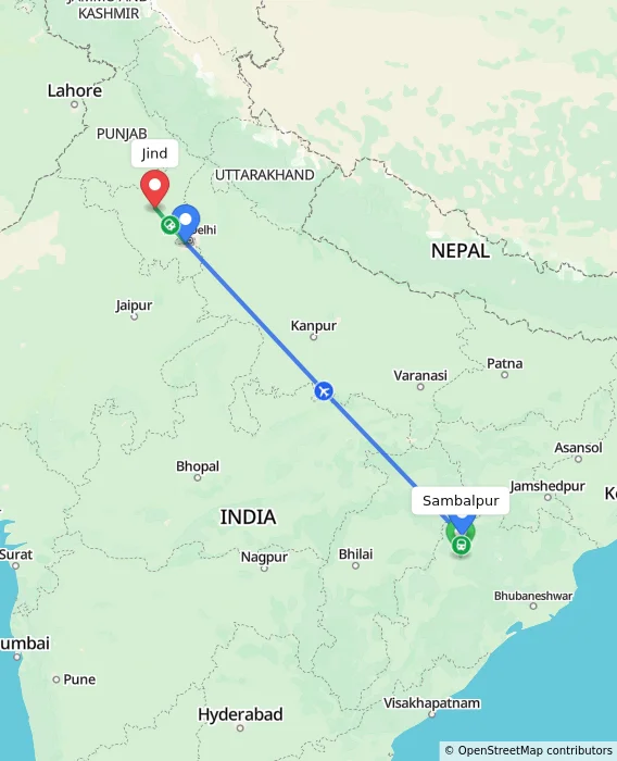 Route map showing distance and travel time from Sambalpur, India to Jind, India