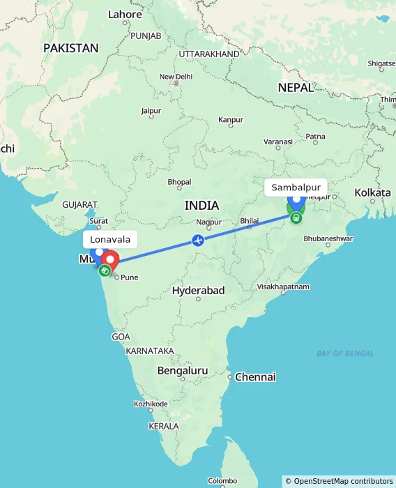 Route map showing distance and travel time from Sambalpur, India to Lonavala, India