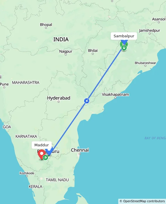 Route map showing distance and travel time from Sambalpur, India to Maddur, India