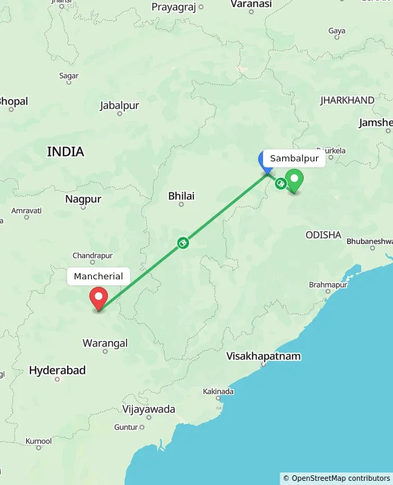 Route map showing distance and travel time from Sambalpur, India to Mancherial, India