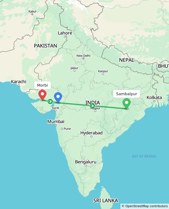 Route map showing distance and travel time from Sambalpur, India to Morbi, India