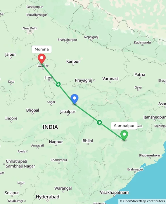 Route map showing distance and travel time from Sambalpur, India to Morena, India