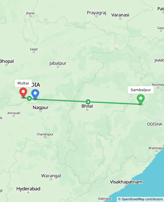 Route map showing distance and travel time from Sambalpur, India to Multai, India