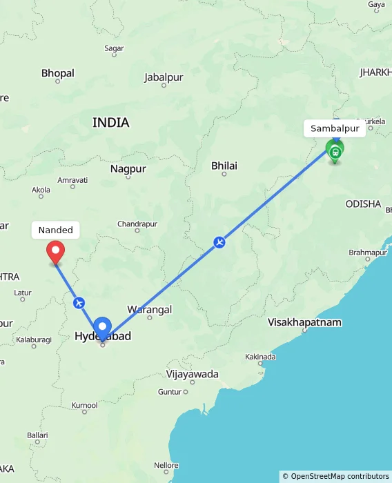 Route map showing distance and travel time from Sambalpur, India to Nanded, India