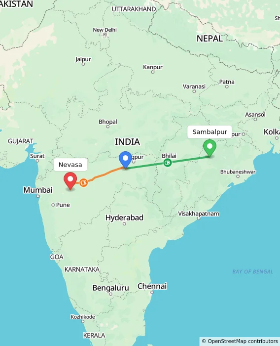 Route map showing distance and travel time from Sambalpur, India to Nevasa, India