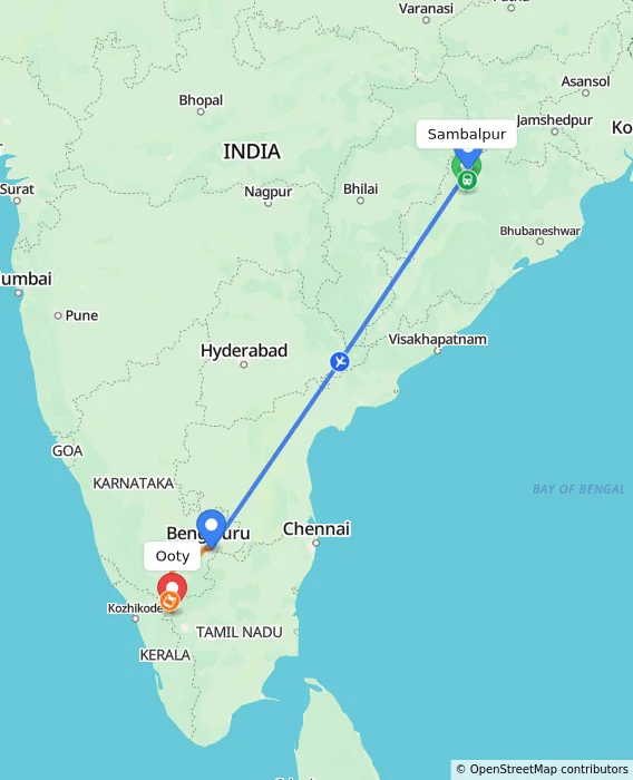 Route map showing distance and travel time from Sambalpur, India to Ooty, India