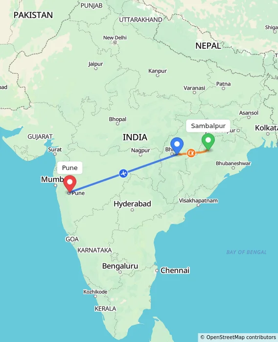 Route map showing distance and travel time from Sambalpur, India to Pune, India