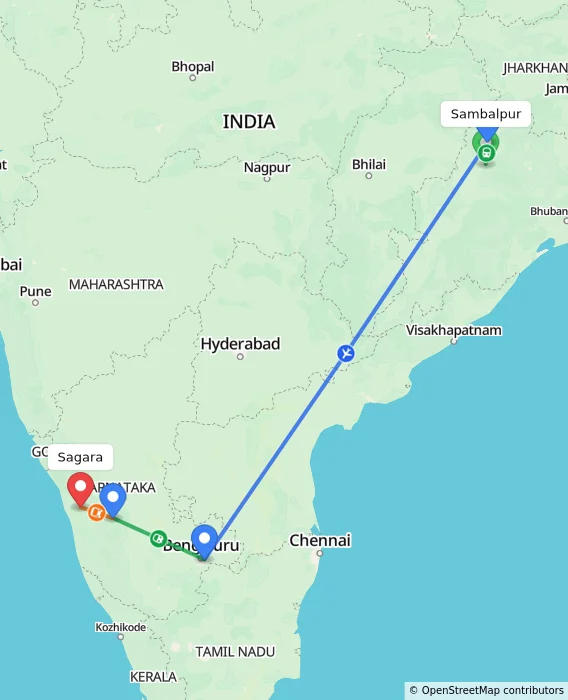 Route map showing distance and travel time from Sambalpur, India to Sagara, India