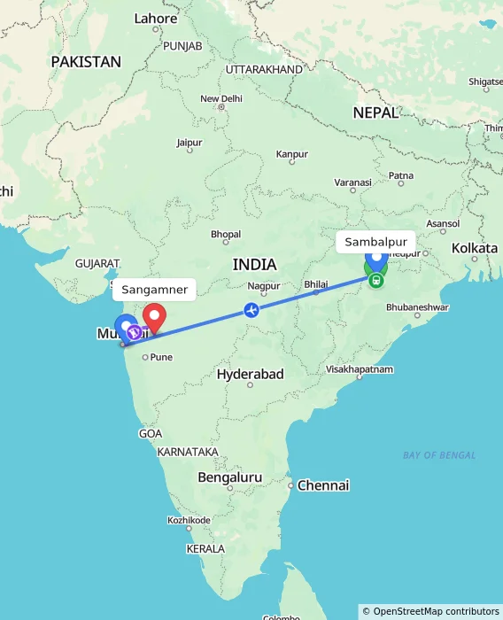 Route map showing distance and travel time from Sambalpur, India to Sangamner, India