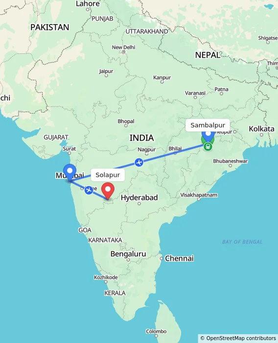 Route map showing distance and travel time from Sambalpur, India to Solapur, India