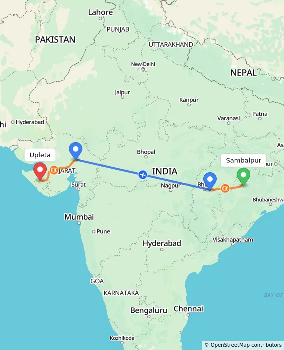 Route map showing distance and travel time from Sambalpur, India to Upleta, India
